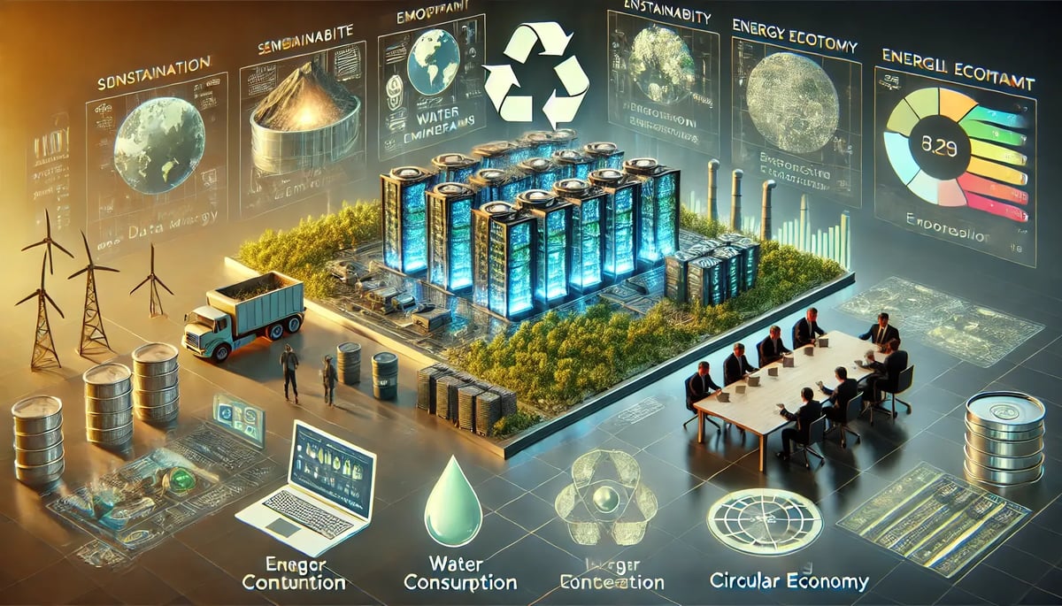 DALL·E 2025-02-10 17.27.01 - A balanced futuristic scene illustrating the environmental footprint of AI. The image depicts a high-tech data center with glowing AI servers consumin