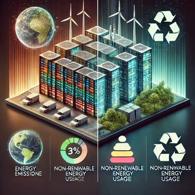 DALL·E 2025-02-11 08.52.49 - A balanced, futuristic square-format illustration highlighting the environmental footprint of AI. The first image showcases an energy-intensive data c