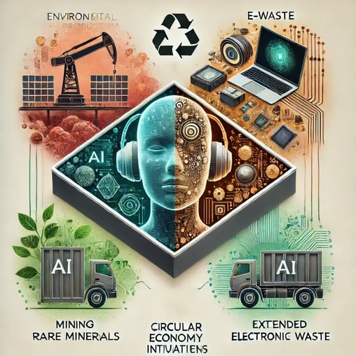 DALL·E 2025-02-11 08.52.53 - A balanced, futuristic square-format illustration highlighting the environmental footprint of AI. The third image focuses on e-waste and resource extr