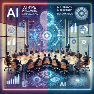 DALL·E 2025-02-11 19.44.20 - A balanced, futuristic square-format illustration highlighting AI leadership and strategy. The first image features a high-tech boardroom where execut