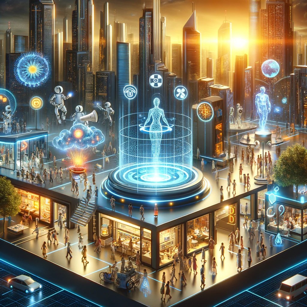 DALL·E 2024-02-01 10.43.17 - A futuristic scene depicting a balanced integration of artificial intelligence in society. The image shows a modern cityscape with advanced technology